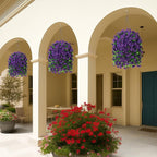 Artificial Faux Hanging Flowers Basket for Spring Summer Outdoor Porch Decor, Fake Silk Colorful Morning Glory Eucalyptus in Planter UV Resistant Look Real for Home Balcony Yard(Dark Purple)