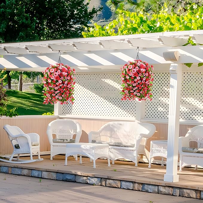 Homsunny Artificial Faux Hanging Flowers Plants Baskets for Outdoor Spring Summer Decorations,Resistant Fake Morning Glory Silk Plants for Outside UV Resistant Patio Yard Home Porch Decor(Rose red)