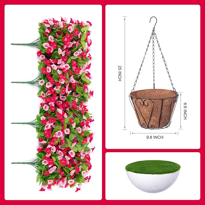 Artificial Flowers with Hanging Basket, Outdoor Faux Plants Silk Morning Glory Vines, Fake Green Arrangement for Garden Patio Spring Summer Decor(Hot Pink)
