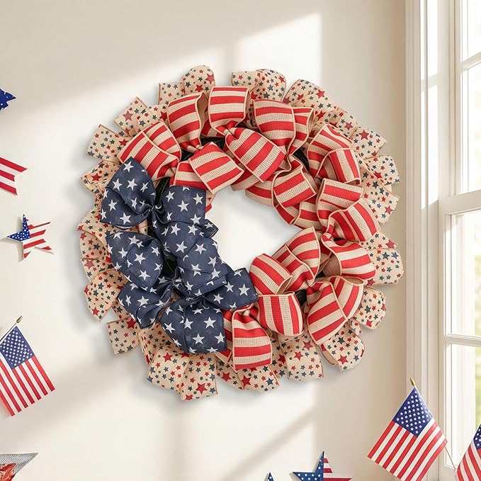 Patriotic Wreath for Front Door, 24 inch 4th of July Decorations Burlap Foldable Wreath for 250th Anniversary American Independence Day Memorial Day Decor