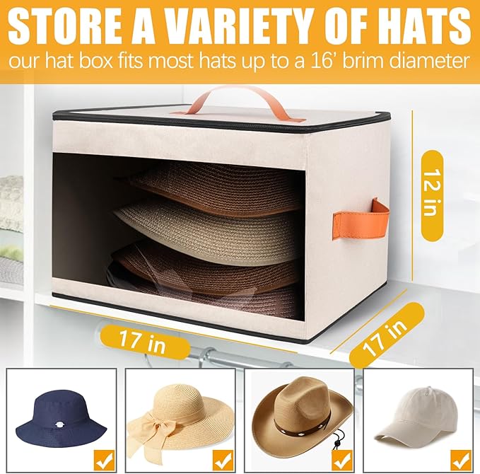 Upgraded Hat Storage Box for Women & Men,Closet Hat Boxes Organizer Bag with Dustproof Lids,Cowboy Hat Box,Hat Carrier Case For Travel