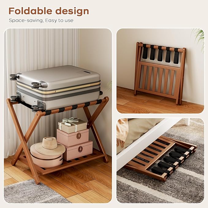Full Assembled 26.77" L Luggage Rack Set of 2 - Luggage Stand for Guest Room, Foldable Suitcase Stand with Shoe Shelf, Luggage Holder for Bedroom, Hotel (Walnut Bamboo Suitcase Holders)