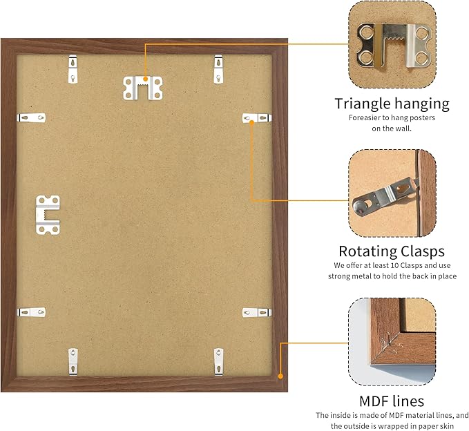 11x14 Picture Frame 3 Pack - Brown Poster Frame Display Pictures 8x10 with Mat or 11 x 14 Without Mat for Wall Hanging Horizontal and Vertical