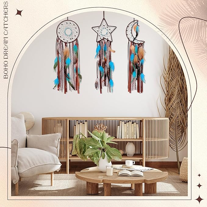 Jetec 3 Pcs Dream Catcher Moon Sun Star Design Handmade Traditional Design Craft Ornament Wall Art Hanging Home Decoration Bedroom Wedding (Dark Blue)