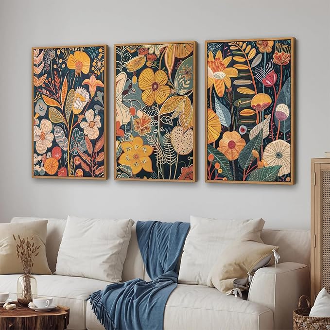 SIGNINART Orange Floral Framed Canvas Wall Art Set of 3, Mid Century Modern Flower Wall Decor, Neutral Plant Artwork, Boho Botanical Art Prints for Bedroom Living Room Office 24"x36"x3