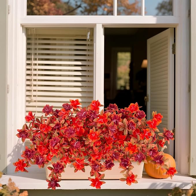 Fall Flowers Artificial for Decoration, Fake Silk Rhododendron Flowers for Outdoors, 2 Bundles Faux Azalea Outside UV Resistant No Fade Floral for Home Garden Balcony Walkway Wedding Party Decor