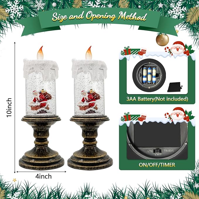 Christmas Snow Globe Candle, Battery Powered with Timer, Christmas Flameless Candles Lantern with Santa Claus for Home Decoration Festival Gift, Snow Globe Candle Light for Christmas Decorations