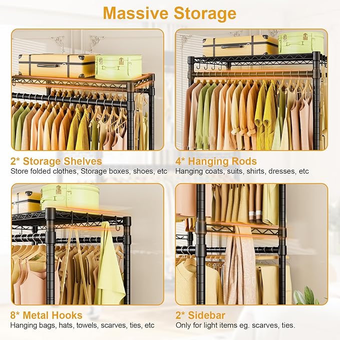P4 Rolling Clothes Rack Heavy Duty, Clothing Racks for Hanging Clothes, Freestanding Garment Racks with Wheels, Metal Portable Closet Rack 35.5''W × 20.5''D × 80.5''H, Max Load 560Lbs, Black