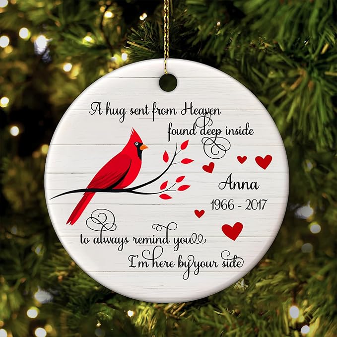 HYTURTLE Personalized Memorial Christmas Ornament Tree Decor Gifts for Family Loss of Loved One Mom Dad in Heaven, Sympathy Remembrance Bereavement Gifts, Cardinal Bird Custom Name Circle Ornament
