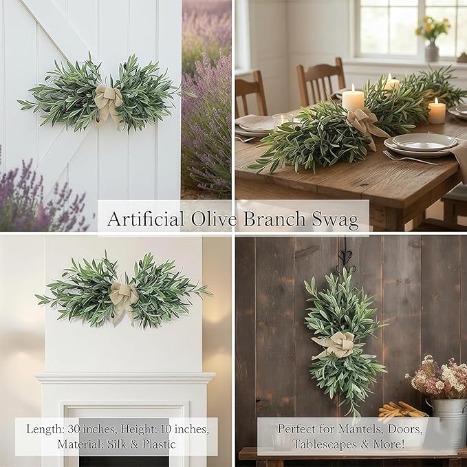 26" Farmhouse Olive Greenery Swag with Burlap Bow – Full Artificial Olive Leaf Swag for Front Door, Wall, Mantel & Table Décor, Realistic Year-Round Greenery Decoration (Green 1Pcs)