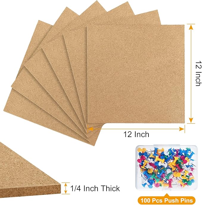 TUPARKA 6 Pack Cork Board 12"x12" - 1/4" Self-Adhesive Corkboards With 100 Push Pins, Bulletin Boards, Square Cork Tiles for Wall, Home, School, Office Decorative