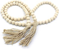 CVHOMEDECO. Wood Beads Garland with Tassels Farmhouse Rustic Wooden Prayer Bead String Wall Hanging Accent for Home Festival Decor. Natural