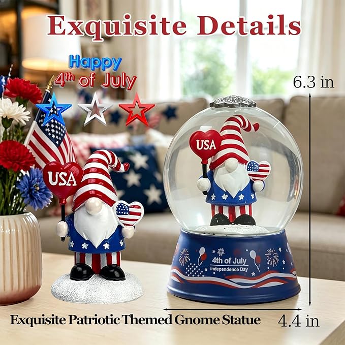 Patriotic 4th of July Gnome Snow Globe Lantern with Music - Light Up Water Globe with Swirling Glitter, USB or Battery Operated,Lighted Independence Day Decor Indoor, Patriotic Decor Gift (Gnome)