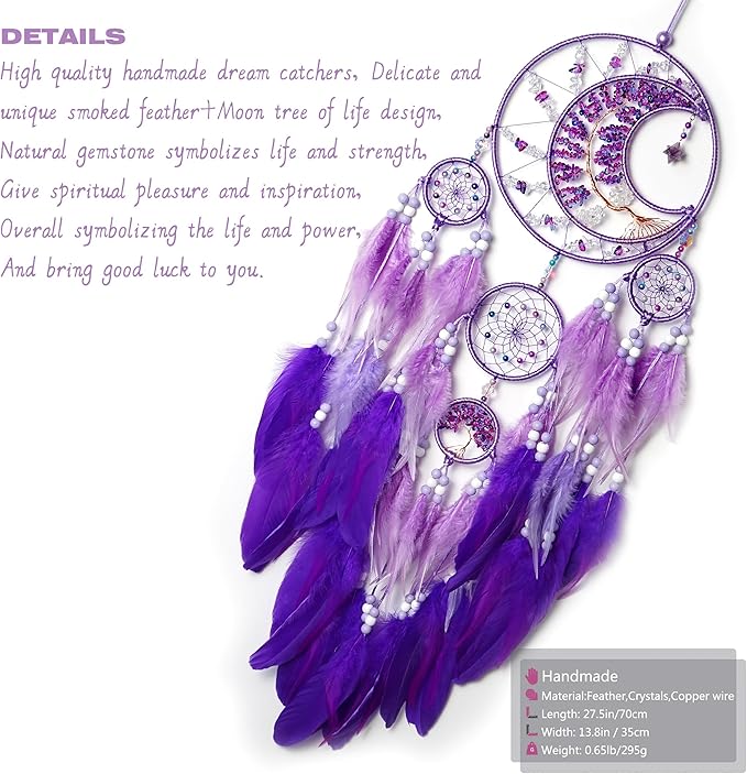 Large Dream Catchers, Handmade Woven Moon Healing Crystal Stone Dream Catcher Wall Hanging Ornament for Bedroom Living Room Wedding Party Decor, Festival Blessing Craft Gift (Purple Moon)
