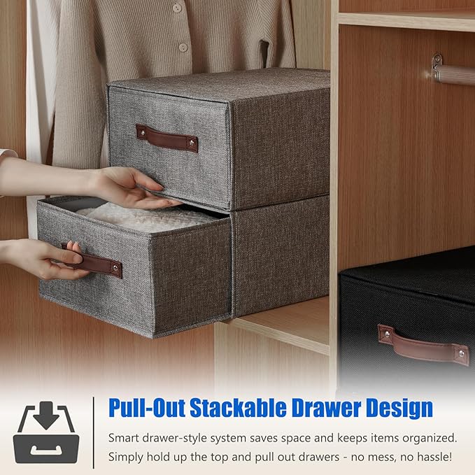 Closet Drawer Organizer Stackable Fabric Storage Boxes Bins Baskets with Lid PU Leather Handles Foldable Washable Cotton Linen Wardrobe Shelf Clothes Towels Container (Gray, Large)