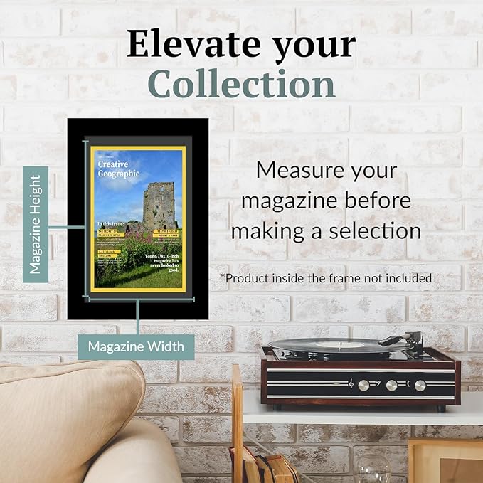 Creative Picture Frames 6.87 x 10 Magazine Frame with Full-Strength Glass, Holds Up To A 1/4" Thick Media with Installed Wall Hangers for Easy Mounting, 8x10 Manhattan Black Frame with Black Mat