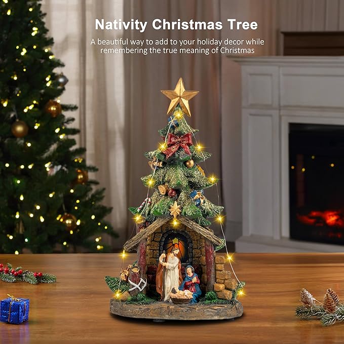 VISFLAIR 12'' Christmas Tree Lighted Manger Nativity Scene, Musical Holy Family Figurines LED Light Play Silent Night Music, Battery & USB Home Decor Gifts Festive Holiday Decorations