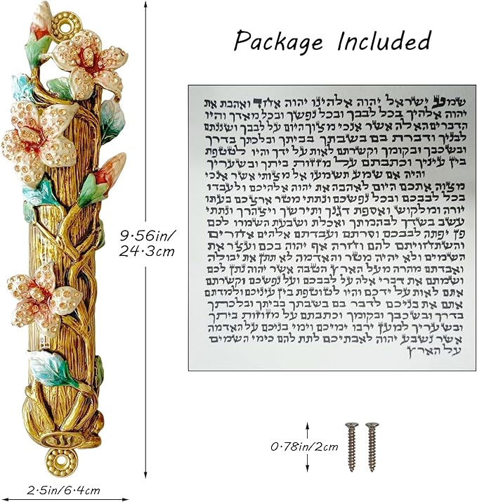 Hand-Painted Mezuzah, 9.5 Inches Large Mezuzah with Exquisite Enamel Design, Pomegranate Flower, and Scroll Included for Jewish Occasions
