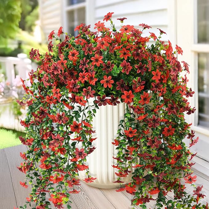 Artificial Hanging Flowers Plants for Outdoor Spring Decoration,2 PCS Faux Silk Daisy with Eucalyptus Leaves,UV Resistant Look Real for Outside Home Indoor Planter Porch Patio Balcony Yard Decor