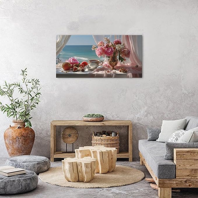 Vintage Pink Flower Wall Art Retro Flowers in Golden Vase Pictures Blue Ocean Coastal Landscape Canvas Prints Blossom Painting Poster Floral Artwork for Living Room Bathroom Home Decoration 20x40"