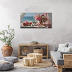 Vintage Pink Flower Wall Art Retro Flowers in Golden Vase Pictures Blue Ocean Coastal Landscape Canvas Prints Blossom Painting Poster Floral Artwork for Living Room Bathroom Home Decoration 20x40"