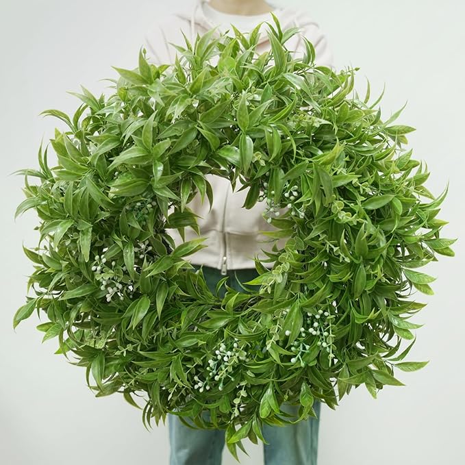 26 Inch Large Boxwoods Wreaths for Front Door Artificial Green Eucalyptus Leaves Greenery Indoor Outdoor Wreath Home Decor Porch Window Wall Farmhouse Door Decorations Spring Summer All Season