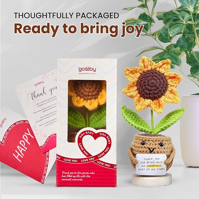 Gossby Handmade Positive Sunflower Doll Crochet Plant - Appreciation Thank You for Being an Important Part Gift for Coworker, Sister Friend, Teacher - Mothers Day, Christmas, Birthday Gift Women, Men