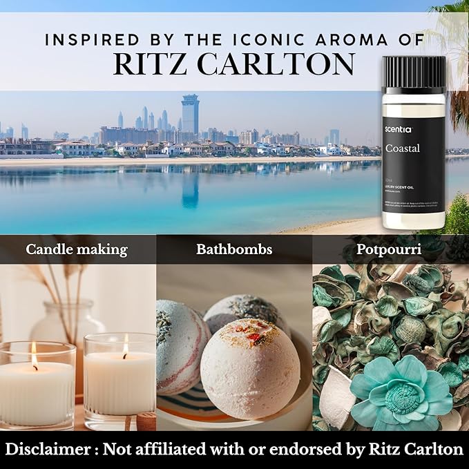 Scentia Hotel Diffuser Oil Inspired by 5-Star Hotel Scent - 50 mL 1.69 fl oz - Essential Oil Blend Botanical Jasmine, Bergamot & Fresh Marine Notes Aromatherapy Diffusers - Coastal