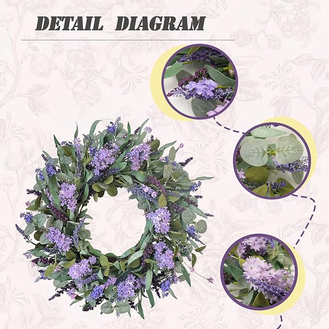 24-Inch Lavender Wreath for Front Door, Purple Hydrangea Wreath with Eucalyptus, Artificial Spring and Summer Floral Wreath for Indoor Outdoor Walls, Windows, and Home Year-Round Display