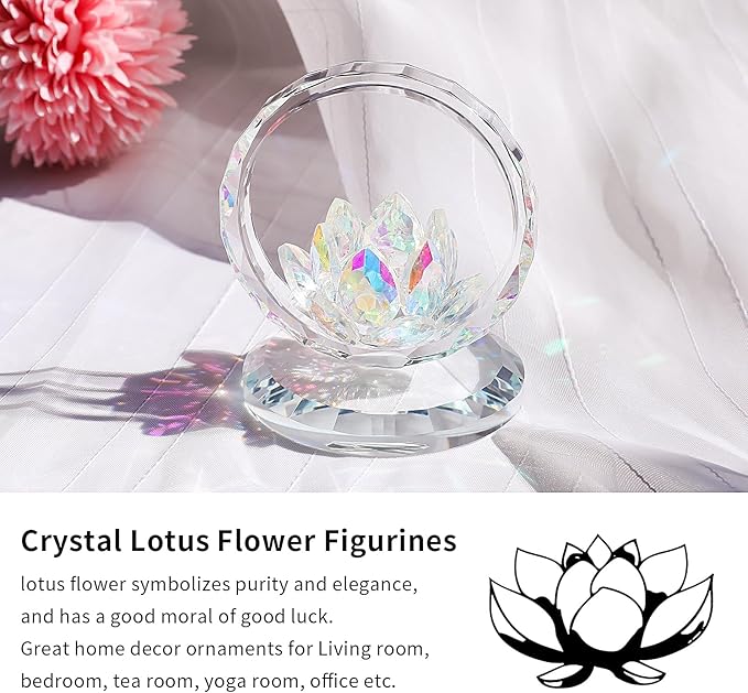 LONGWIN Crystal Lotus Flower Basket Figurine Collectible Glass Flowers Art Decor Reflection Feng Shui Decorative Ornaments for Living Room Bedroom Office AB - Coated