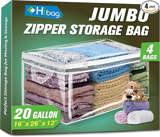 HIBAG 20 Gallon Large Storage Bag for Clothes, Zipper Clothing Storage Bag, Clear Organizer with Reinforced Handles, for Comforters Blankets Pillows Bedding (4 Pack)