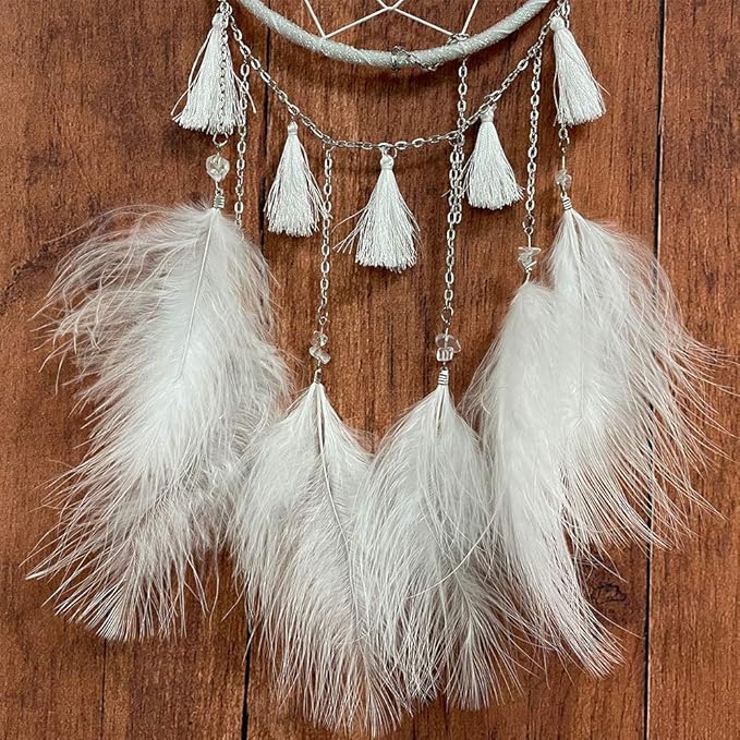 White Dream Catchers Handmade Feather Native Circular Net for Boys Girls Bedroom Wall Hanging Nursery Bedroom Decoration Blessing Gift