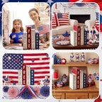 Lineshading 4 Pcs 4th of July Decoration Wooden Book Patriotic Tiered Tray Decor America Decor Red White Blue Memorial Day Centerpiece for 250th Anniversary Independence Day Home Shelf Coffee Bar