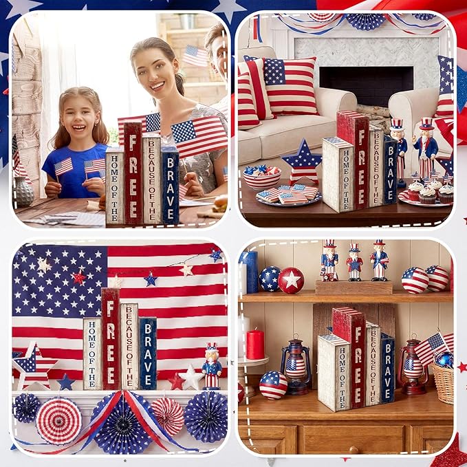 Lineshading 4 Pcs 4th of July Decoration Wooden Book Patriotic Tiered Tray Decor America Decor Red White Blue Memorial Day Centerpiece for 250th Anniversary Independence Day Home Shelf Coffee Bar