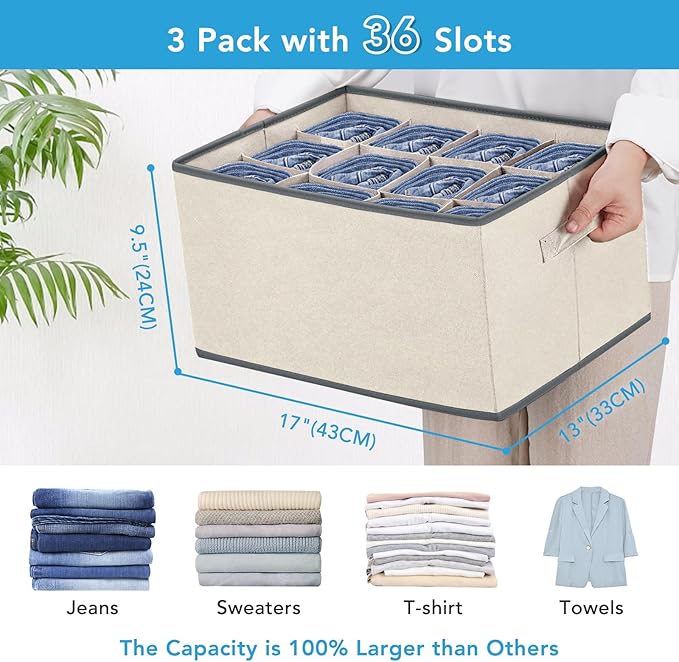 3 Pcs 12 Cell Large Size Pants Organizers for Clothes, Jeans, Sweater, T-shirt, Dress Stackable for Wardrobe Closet Drawer Organizer Storage Bin Container, Beige