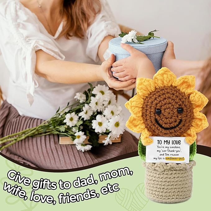 Valentines Day Gifts for Him Her, Handmade Crochet Flowers Sunflower, Emotional Positive Support Crochet, Crochet Toy Doll, Mothers Day, Birthday Gifts for Moms, Home Decor