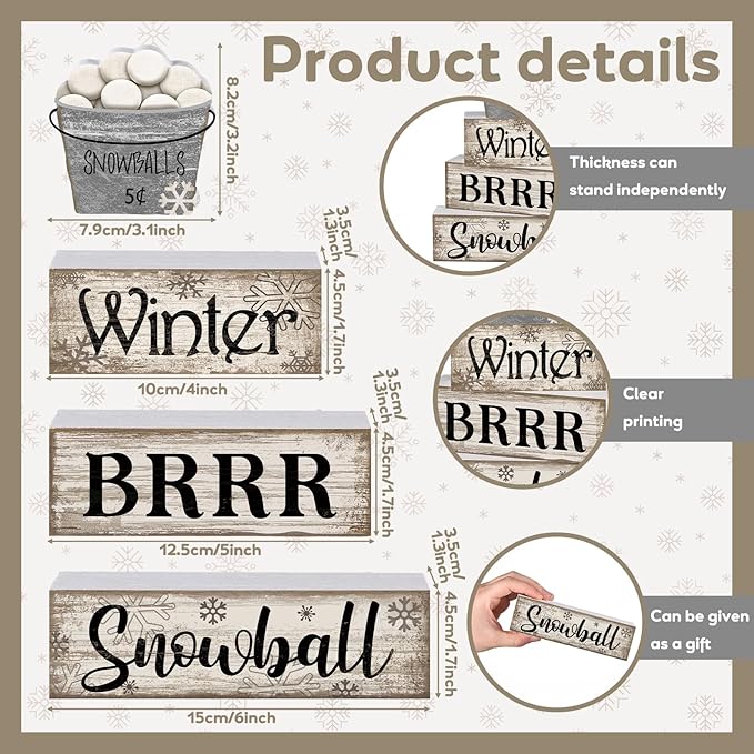 Moucuny 4 Pcs Winter Table Decorations Winter Tiered Tray Decor Christmas Table Centerpiece Rustic Decorative Snowball Snow Bucket Block Sign Farmhouse Christmas Decorations for Home Kitchen Shelf