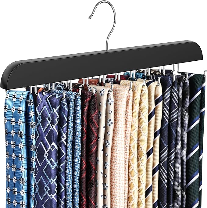 Upgraded Tie Rack Hanger with 20 Foldable Metal Hooks, Space Saving Necktie Organizer for Men – Large Capacity Tie and Belt Wooden Hanger for Closet - Black