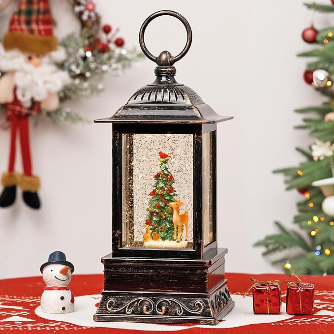 Christmas Snow Globe Decorations, Musical Glitter Christmas Tree Lantern with 6H Timer, USB/Battery Powered Lighted Décor for Home, Tabletop, Gift Box