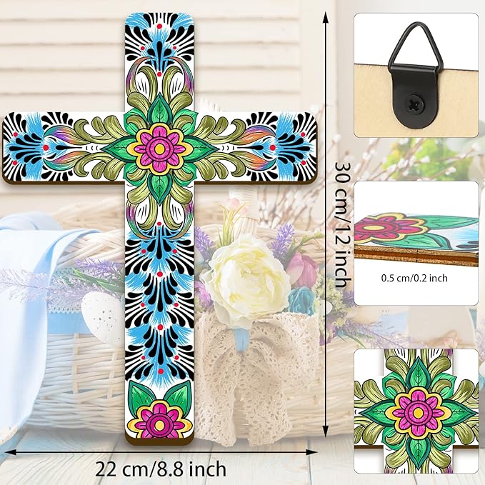 Maitys Floral Cross Wall Decor Hand Painted Decorative Inspirational Wooden Cross Mexican Art Wall Decor Mexican Crucifix for Home Room Church Decoration (Cute Style)