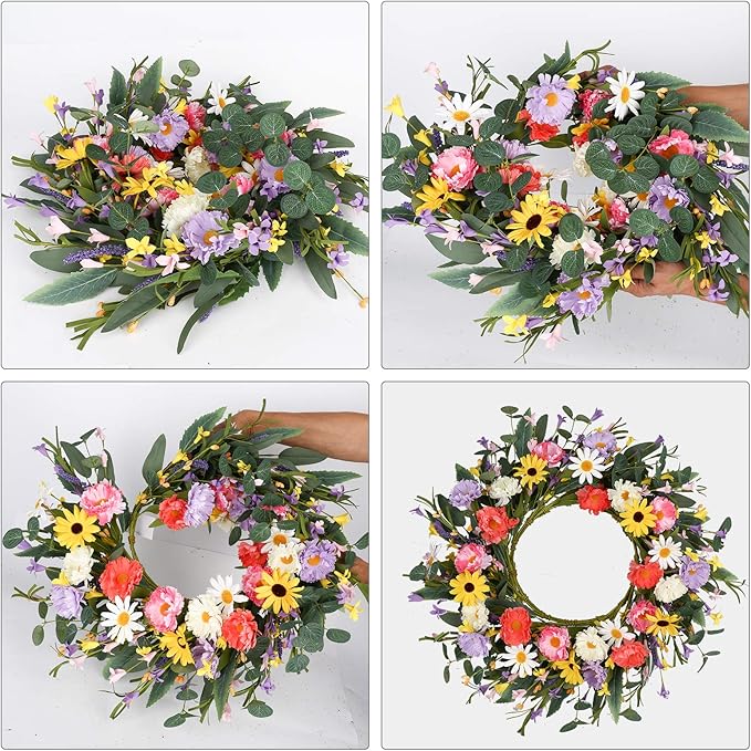 VioletEverGarden Artificial Spring Wreath 20” Purple Yellow White and Pink Flower Wreaths Summer Door Wreath for Home Party Festival Wedding Decor
