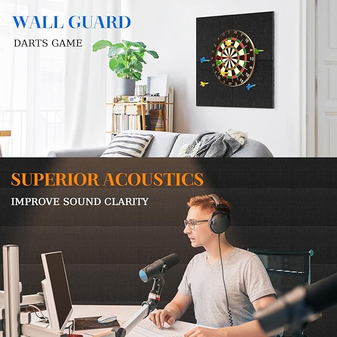DOLLAR BOSS Felt Cork Board Tiles, 4 Packs 12" x 12" 1/2" Thick Cork Bulletin Board Self Adhesive Acoustic Panels Soundproof Corkboards for Walls with 40 Pushpins for Home Office Kitchen School, Black