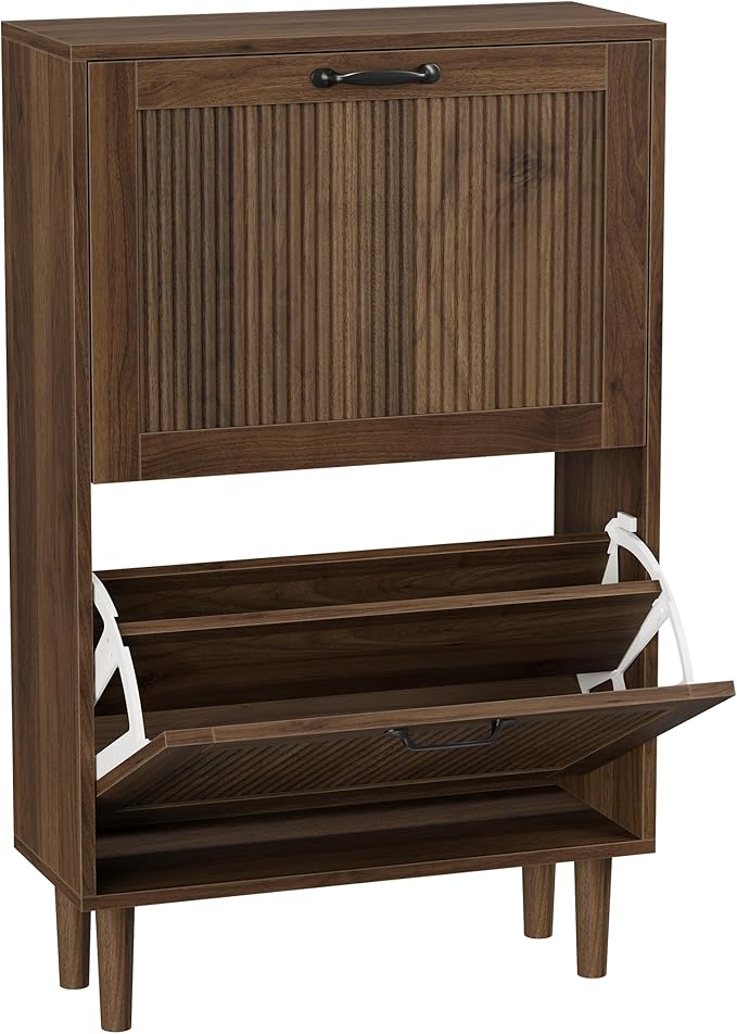 Smuxee Walnut Shoe Cabinet with 2 Flip Drawers, 23.6" Hidden Shoe Storage Cabinet with Small Fluted Doors, Freestanding Shoe Organizer Cabinet for Entryway, Hallway, Living Room