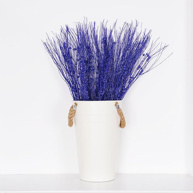 SLK 16-Pack Artificial Glitter Berry Stem Ornaments, Christmas Decorative Glittery Twigs, Picks, Branches for Tree, Wreath, Small Vase, Halloween Party (Royal Blue)