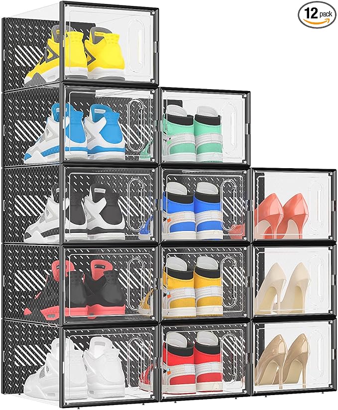 eWonLife X-Large Shoe Boxes with Magnetic Door, 12-Pack Stackable Shoes Storage Organizer for Closet, Clear Plastic Sneaker Container Shoe Rack for Size 12, Black