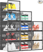 eWonLife X-Large Shoe Boxes with Magnetic Door, 12-Pack Stackable Shoes Storage Organizer for Closet, Clear Plastic Sneaker Container Shoe Rack for Size 12, Black