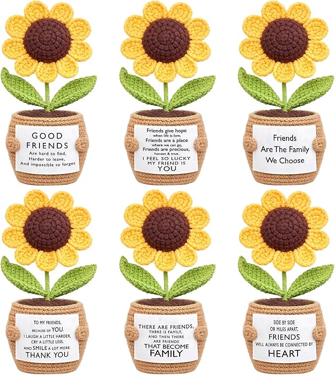 Wavwavw 6 Pcs Friends Gifts for Women, Galentines Graduation Handmade Sunflower Crochet Doll with Positive Card for Female Birthday BFF Bestie Gifts (Friends)
