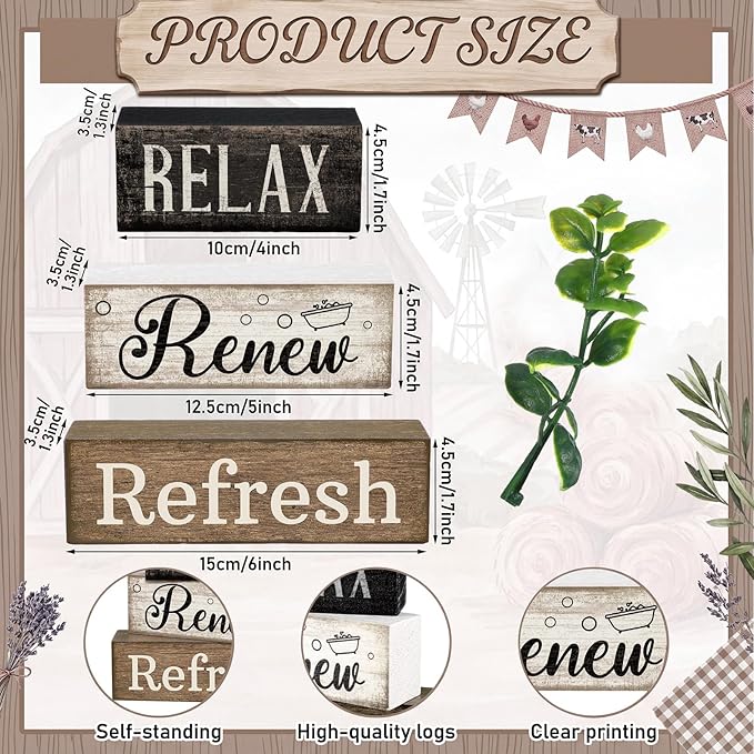 Lineshading 4 Pcs Bathroom Shelf Decor Sign Farmhouse Bathroom Decor and Accessories Rustic Eucalyptus Leave Wood Block Sign Gift Relax Renew Refresh Farmhouse Table Centerpiece for Home Office Toilet