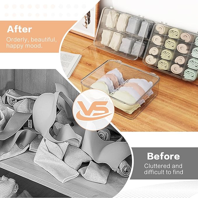 Sock Underwear Organizer, 16 Compartment Adjustable Dividers Tie Bras Socks Underwear Drawer Organizers for Closet, Clear Plastic Storage Containers Box with Lids for Bra Ties Scarf Socks