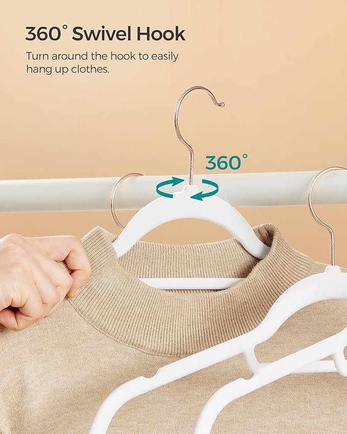 SONGMICS Velvet Hangers, Set of 30 Clothes Hanger with Rose Gold Swivel Hook, Non-Slip, and Space-Saving, 0.2-Inch Thick, 17.1-Inch Long for Coat, Shirt, Dress, Pants, Tie, Cloud White UCRF021W01